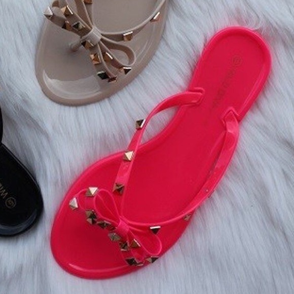 Shoes - Neon Pink studded Jelly Sandals